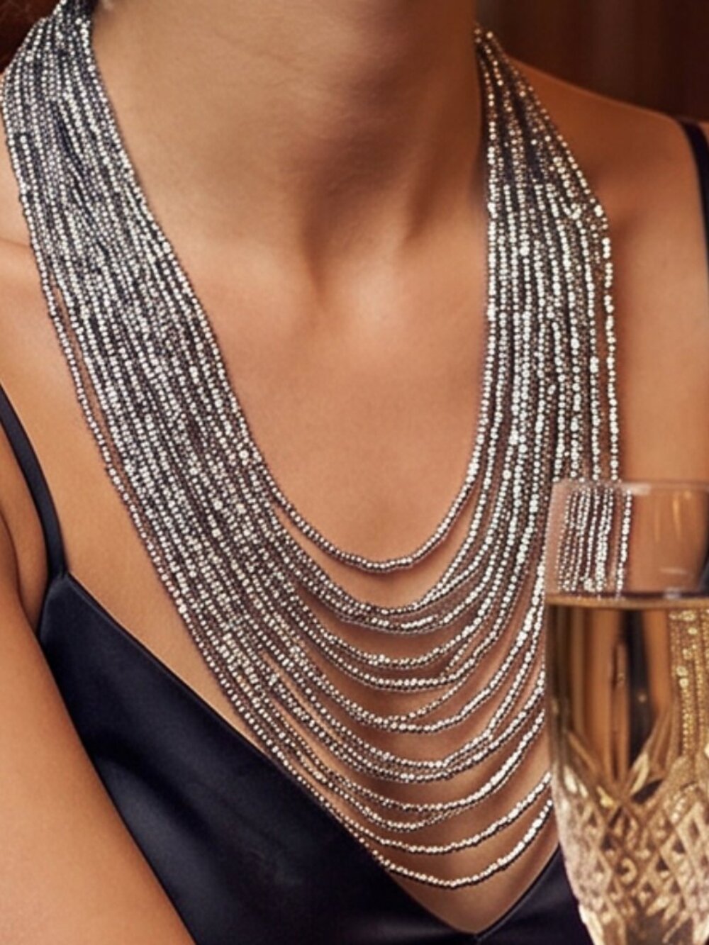 Silver Tone Multi-Strand Statement Necklace Bib Style 18” + Ext New